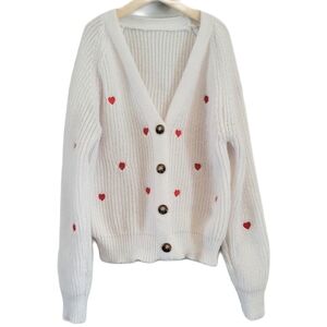 White Cardigan Sweater with Red Heart Accents and Buttons